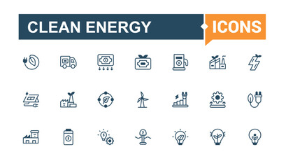 Clean Energy icon set. Includes icons for power, Green, Energy, battery, ecology, electricity and more. Set of line pictogram. Solid line editable stroke. Vector line and solid icons.