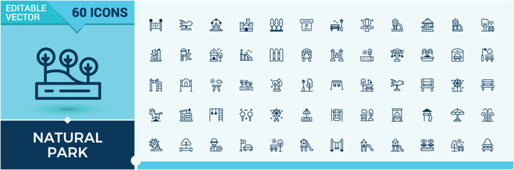 Natural Park icon set. Includes thin line playground, camp, forest, construction, landscape, tree, park, business. Editable vector outline and solid icons. © Rubbble