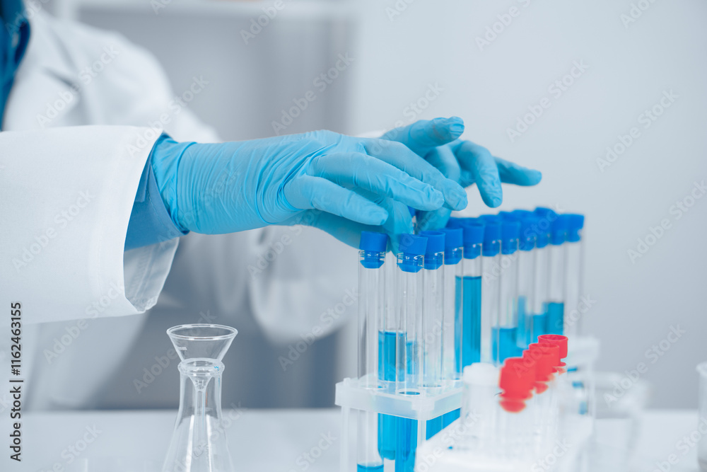 Aufkleber A dedicated scientist conducting a detailed and meticulous experiment utilizing an assortment of test tubes within a fully equipped laboratory, focusing on precision and innovative research methods