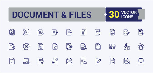 Document And Files icons set in linear style. Featuring art, contract, page, business, mail, note, research and more. Minimal linear icons. Solid line editable stroke. Vector line and solid icons.