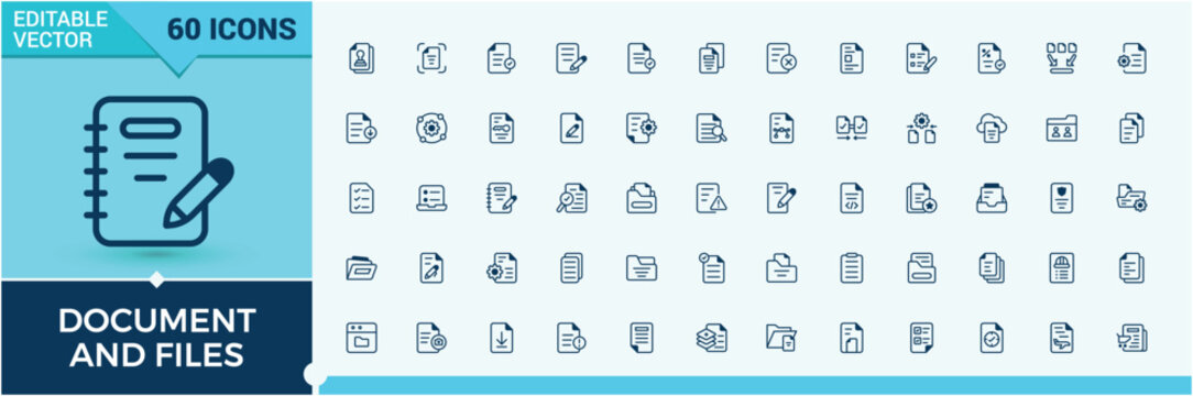 Document And Files icon pack. Contains such icons as document, form, report, letter, page and more. Thin UI icon design. Editable stroke. Vector illustration.