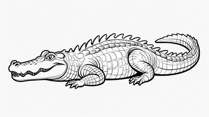 A detailed black and white line drawing of a powerful crocodile with textured skin and sharp teeth