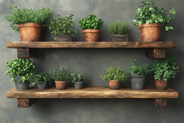 Fototapeta premium A rustic wooden shelf displaying various potted herbs and plants against a textured wall.