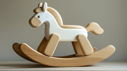Wooden rocking horse features Scandinavian design with natural wood texture, white painted details, and a beige-white color scheme, ideal for children's nursery decor, showcasing traditional craftsman