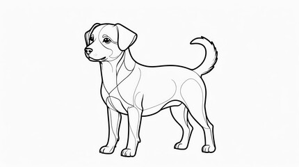 A detailed black and white line art illustration of a standing Jack Russell Terrier with alert expression suitable for drawing book