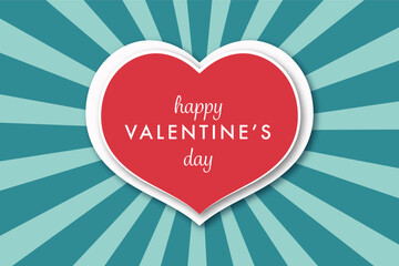 A retro-style Valentine's Day card featuring a large red heart with a white outline. The heart is placed on a teal background with a sunburst pattern. The text 