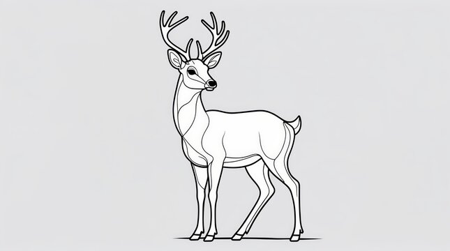An elegant black and white line drawing of a majestic deer with large antlers standing gracefully