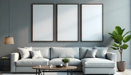 A modern living room with a large gray sectional sofa, three framed wall mirrors, and a wooden coffee table, during the day