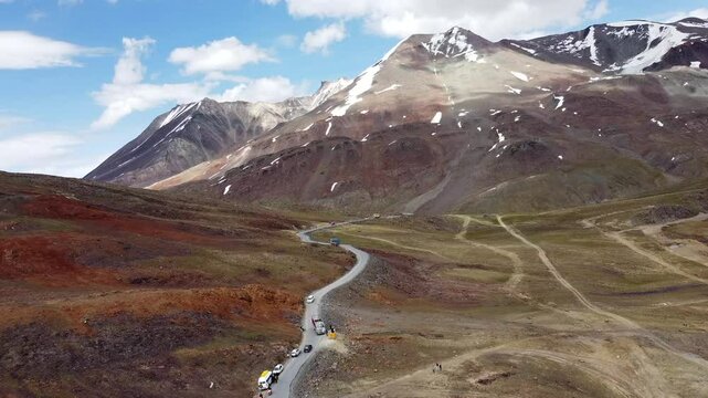 An aerial view of beautiful himalayan mountains in the evening at baralacha pass, leh manali highway lahul, himachal pradesh, India.