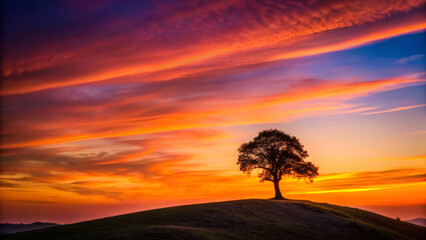 Obraz premium Majestic sunset silhouette with lone tree on rolling hills, creating serene and picturesque landscape. vibrant colors of sky evoke sense of tranquility and beauty