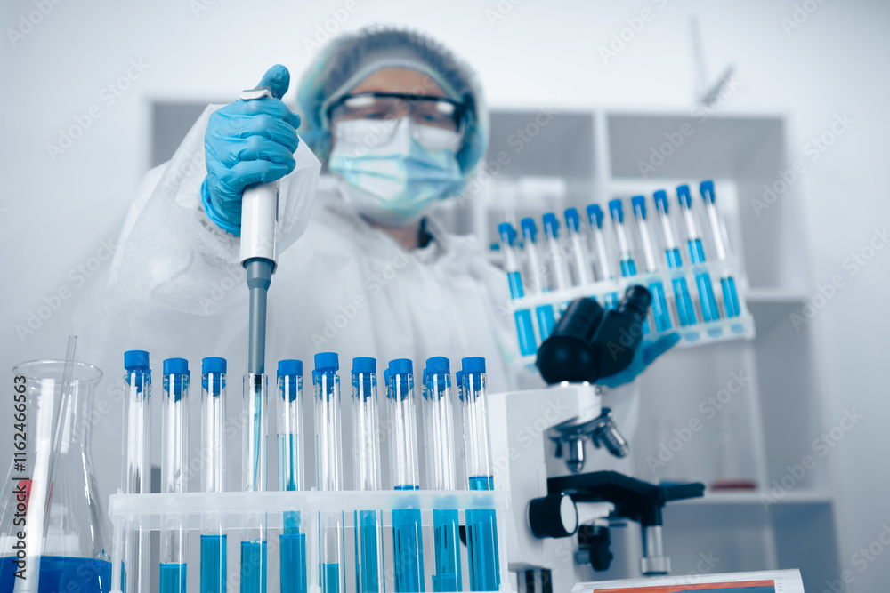 Aufkleber A scientist is currently engaged in research and working diligently within a stateoftheart laboratory, utilizing various test tubes and equipment to conduct precise scientific experiments