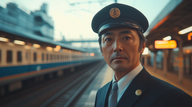 A Asian train conductor wearing a uniform stands on a platform at a busy urban railway station. Early morning light gently illuminates the scene as trains approach.