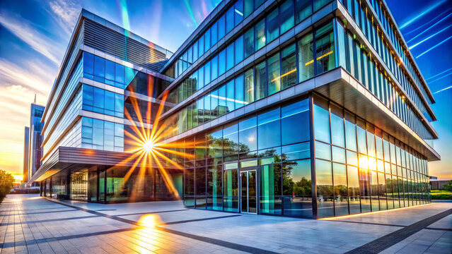 Modern commercial building exterior with intense sunlight and lens flare, showcasing sleek architecture and vibrant reflections. stunning example of branding photography