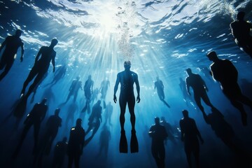 Obraz premium Exploring the underwater world with freedivers in a clear ocean setting