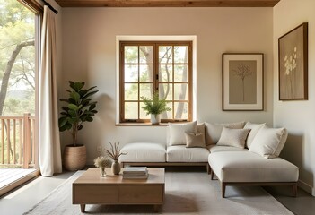 A rustic and cozy living room with a large window, a white couch, and natural decor elements like a wooden coffee table