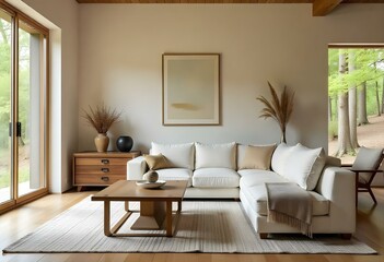 Fototapeta premium A rustic and cozy living room with a large window, a white couch, and natural decor elements like a wooden coffee table