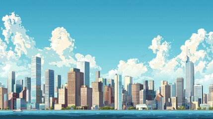 Naklejka premium A City Skyline on a Sunny Day with Fluffy Clouds