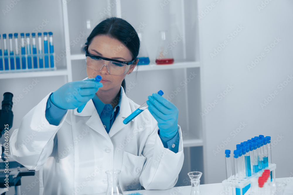 Poster a skilled scientist in a reputable lab conducts detailed analyses of biological samples, showcasing 