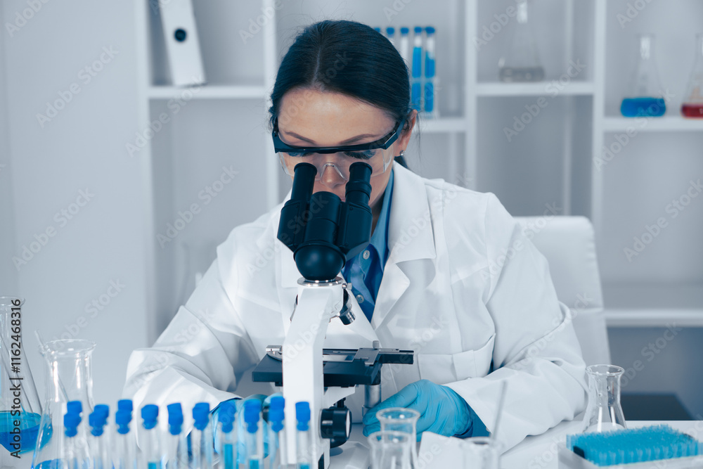 Aufkleber A scientist is diligently analyzing various samples under a highpowered microscope in a laboratory setting, showcasing the intricate work involved in modern scientific research and experimentation