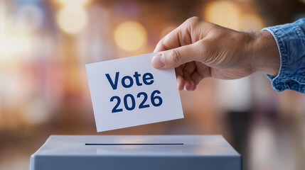 A person is shown inserting a vote card marked Vote 2026 into a ballot box. This action represents civic duty and participation in democratic elections, emphasizing voter engagement.