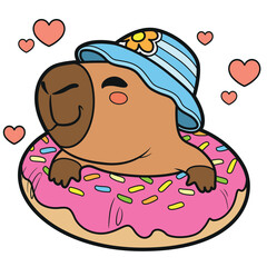 Cute cartoon capybara wearing a panama hat and floating on an inflatable ring outlined for coloring page on white background