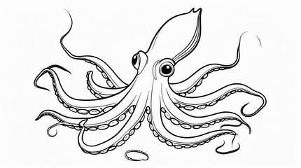 A detailed monochrome line drawing of an octopus with its tentacles gracefully extended