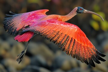 Scarlet Ibis in flight, vibrant red plumage, black wingtips, long beak.