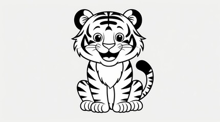 A cute and friendly black and white cartoon illustration of a sitting tiger cub with stripes