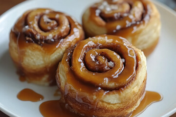 Fototapeta premium Freshly baked glazed cinnamon rolls with pouring homemade caramel topping served on white plate, close up. Delicious dessert pastry background.