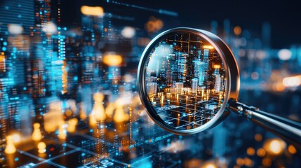 A futuristic chessboard magnified under a lens, showcasing glowing holographic pieces and data grids, symbolizing precision, strategy, and analytical thinking in a high-tech setting.