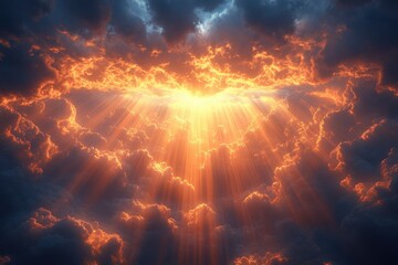 Obraz premium Heavenly light rays bursting through dramatic clouds.