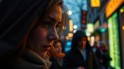 Fototapeta premium In a bustling city atmosphere, individuals navigate the streets as evening lights create an enchanting backdrop, showcasing the richness of urban diversity