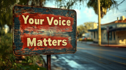 A weathered sign stands on the roadside, proclaiming that every individual’s voice is important. The setting is a tranquil neighborhood bathed in soft morning light.