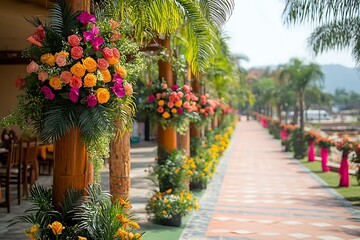 Obraz premium Colorful floral arrangements adorn a walkway