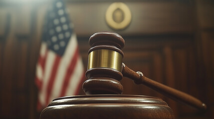A judge's gavel rests on a wooden desk while the United States flag stands in the background, symbolizing authority and justice in a courtroom setting.