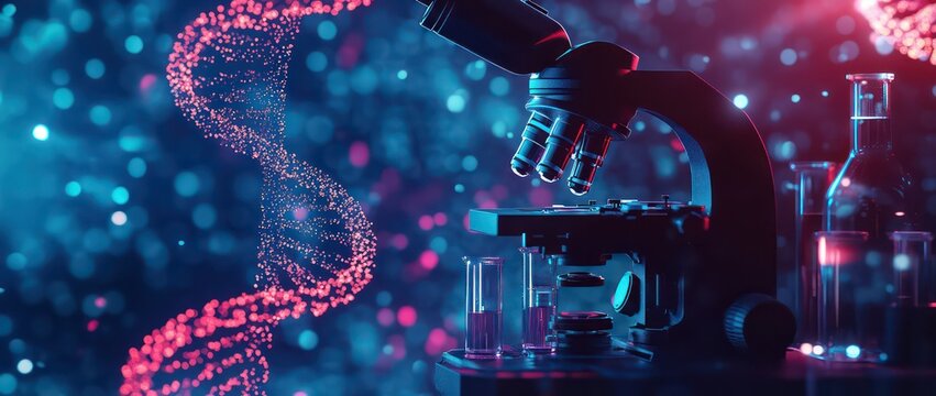 A microscope with a DNA strand, symbolizing scientific research and discovery.