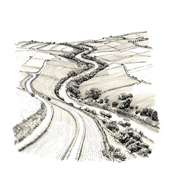 Obraz premium Aerial View Sketch of a Winding Road Through Rolling Farmlands.