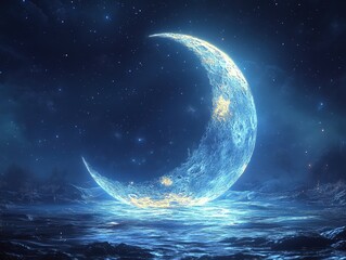 Fototapeta premium Glowing crescent moon over a tranquil, dark, blue landscape.