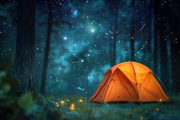 Bright orange tent under a starry night sky in a tranquil forest setting