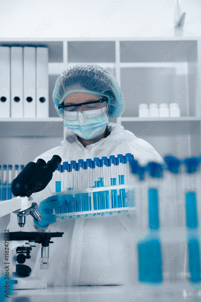 Poster A scientist is diligently analyzing various samples in a cuttingedge, hightech laboratory environment that is equipped with modern tools and technology to advance scientific research and innovation