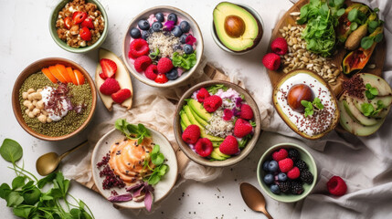 A vibrant and healthy food flat lay on a white clean background, featuring avocado toast with poached eggs