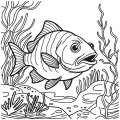 Fototapeta premium Black and White Line Drawing of a Fish in a Minimalistic Underwater Scene