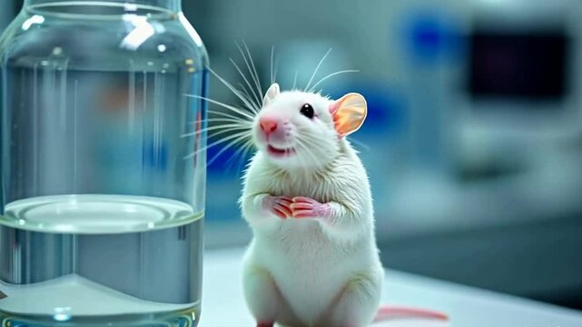 a white lab mouse with pink ears and a nose. She stands on her hind legs next to a transparent glass jar, the background is blurred, which gives the impression of a laboratory environment. The mouse l