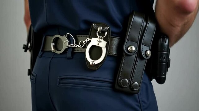 a policeman standing with his back to the camera. He is wearing a uniform, and handcuffs and other police paraphernalia are visible on his belt.