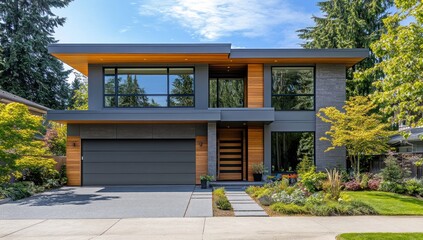 Modern Gray and Wood Home: Striking Architectural Design in a Lush Landscape
