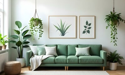 A modern living room with a large green sofa, hanging plants, and framed botanical artwork on the walls