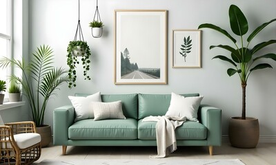 A modern living room with a large green sofa, hanging plants, and framed botanical artwork on the walls