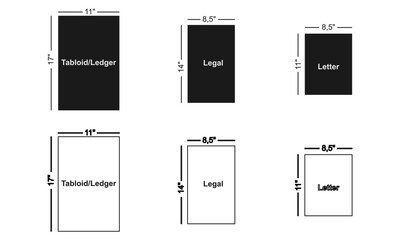 Paper sizes tabloid ledger legal letter set vector illustration isolated on white background.