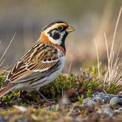 Fototapeta premium Colorful lark bunting in natural habitat with vibrant plumage and orange accents.