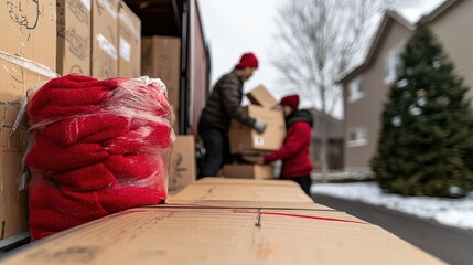 Obraz premium Donation Center Disaster Concept, Community Members Helping to Unload Truck Filled with Boxes in Winter Season